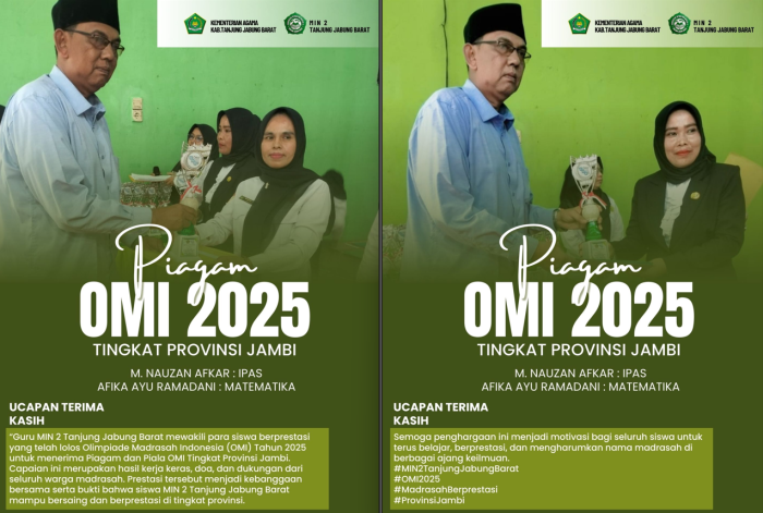 MIN 2 Tanjung Jabung Barat Terima Piagam dan Piala OMI Tingkat Provinsi Jambi